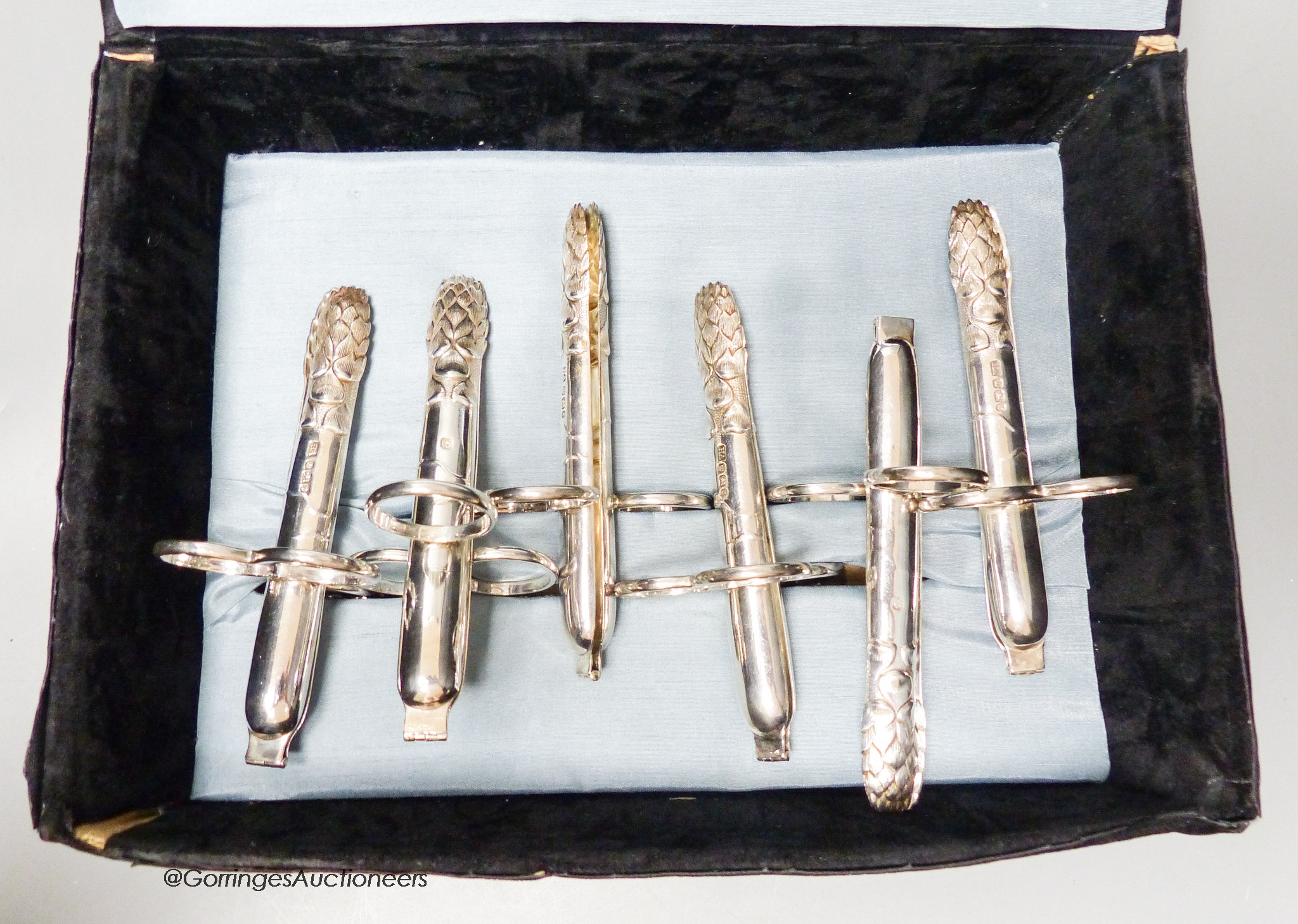 A set of six late Victorian silver asparagus eaters, by Atkin Brothers, Sheffield, 1898, 11.9cm, 7.5oz in later box